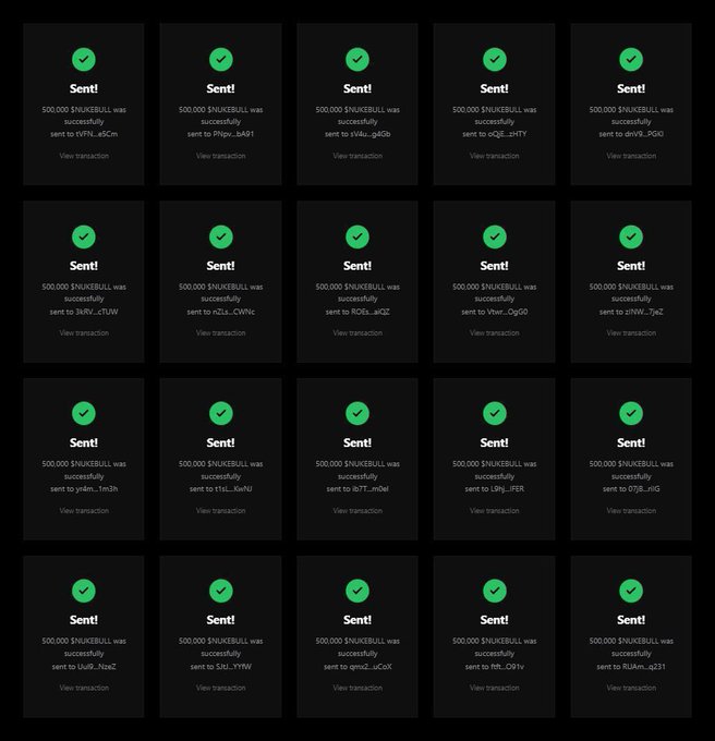 A grid of 20 successful transaction confirmations showing 500,000 $NUKEBULL tokens sent to various wallet addresses.