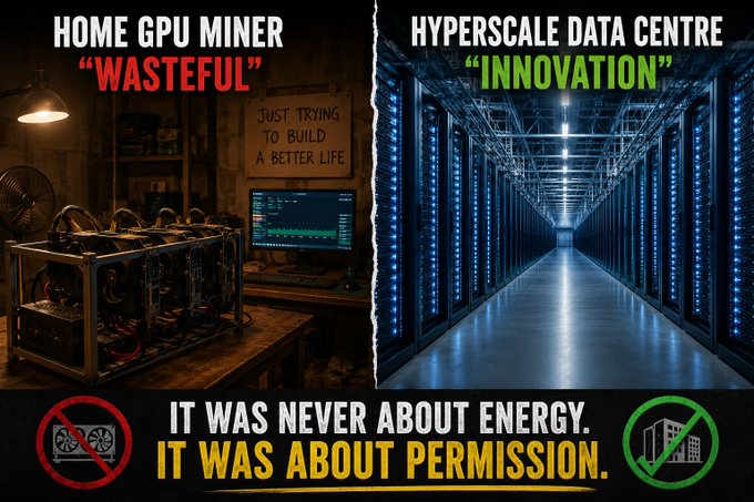 The image shows a poster with two different descriptions of GPU mining. The left side of the poster describes GPU mining as "home GPU miner" and "wasteful," while the right side presents an alternative view, stating that it was never about energy and that it was "about permission." This poster seems to be promoting a new approach or perspective on GPU mining, possibly challenging the traditional notion of what GPU mining is.

The image also includes a quote from someone who says, "It was never about energy. It was about permission," which could be interpreted as an opposing viewpoint to the left side's description. The poster seems to be encouraging people to think differently about GPU mining and its impact on society or the environment.