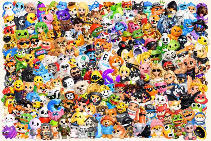 A densely packed collage of hundreds of various cartoon characters, emojis, animals, and internet meme figures crammed together into a single image.