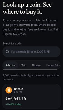 A cryptocurrency lookup app screen displaying 'Look up a coin. See where to buy it.' with Bitcoin listed at €66,631.16, up 0.49% today.