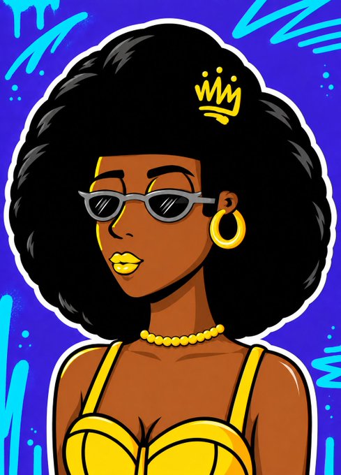 A digital illustration of a stylish Black woman with a large afro, wearing silver sunglasses, a gold crown hair clip, gold hoop earrings, a pearl necklace, and a yellow top against a vibrant blue background with abstract shapes.