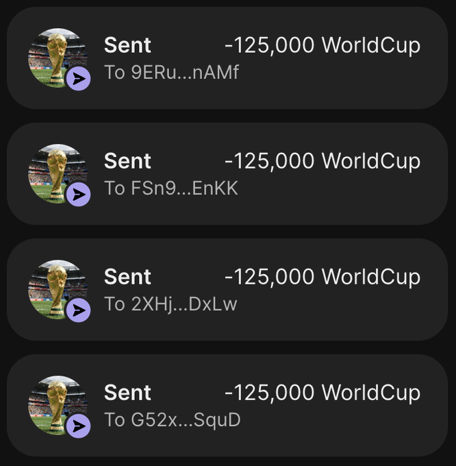 The image shows a list of four emails with gold logos for the World Cup. The emails are sent to different people, and they contain information about the World Cup. One email is addressed to "SENT" and another one to "Sent". There are also emails sent to "To FSN9...NAMF", "To 9ERU..."NAMF", and "To 2XHJ...DFLW". The emails provide details on how to participate in the World Cup, including the required amount of money.