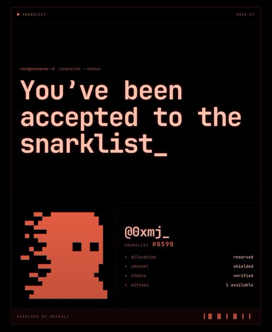 A digital graphic reading 'You've been accepted to the snarklist' with a red pixelated ghost icon and handle '@0xmj_', listed as SNARKLIST #0590.