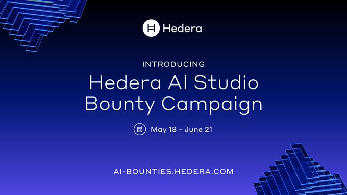 The image shows an advertisement for a studio called Hedera Al Studio Bounty Campaign. The poster features blue geometric shapes, with the text "Introducing Hedera Al Studio Bounty Campaign" written above them. Below this, there are two lines of text that provide more information about the campaign and its purpose. The text states that the campaign is open to everyone who wants to participate in it, and it is scheduled for May 18th through June 21st.