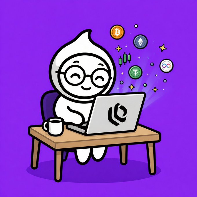 A cartoon illustration of a hooded character with glasses sitting at a desk using a laptop, surrounded by floating cryptocurrency coins including Bitcoin, Ethereum, and Tether.