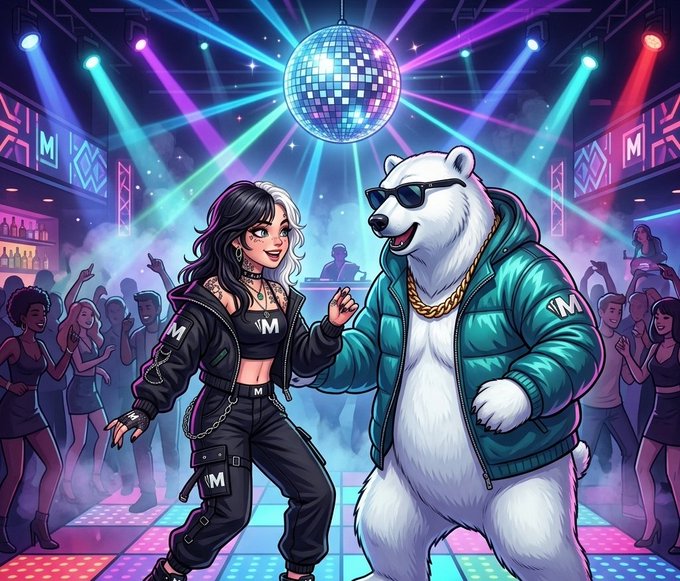 An anime-style illustration features a girl with black and white hair standing next to an anthropomorphic white bear wearing sunglasses and a teal puffer jacket, both dancing in a vibrant nightclub with a disco ball.