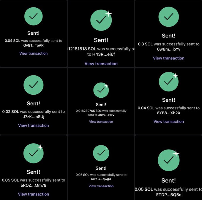 A grid of nine green checkmark notifications confirms multiple SOL transactions successfully sent to various wallet addresses in small amounts ranging from 0.012 to 0.3 SOL, visually supporting the post's claim about distributing SOL to recipients.