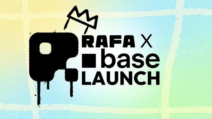 A graffiti 'P' logo with a crown next to text reading 'RAFA X base LAUNCH' on a pastel background.
