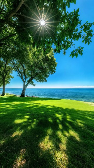 Sunlight filters through green tree leaves over a grassy area beside a blue ocean.