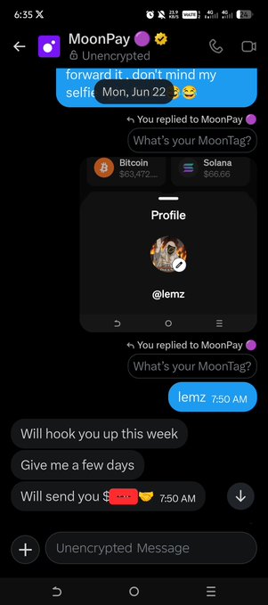 A screenshot of a Signal conversation with MoonPay shows a user providing their MoonTag "lemz" after being asked for the fifth time, with MoonPay replying "Will send you $🪙" at 7:50 AM. The exchange confirms the context of the post, as the user had to repeatedly share their MoonTag just to receive their prize.