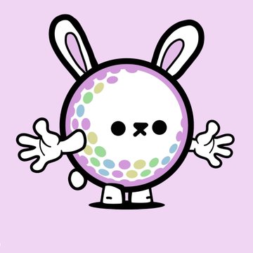 A simple cartoon illustration of a white rabbit-like character with colorful polka dots on its round body, standing with arms outstretched against a light purple background.