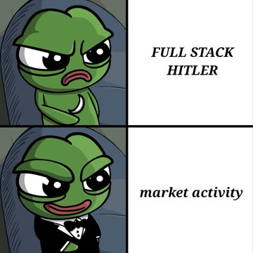 The image is a two-panel meme featuring a Pepe-style frog character transitioning from a sad, disappointed expression to a smug, confident one, with the text "FULL STACK HITLER" in the top panel and "market activity" in the bottom panel.

The meme humorously contrasts the community's positive long-term outlook ("Full Stack Hitler," referencing their ambitious product roadmap) with the indifferent reality of "market activity," implying that today's price action is meaningless noise compared to their grand vision—ironically inverting typical concerns about troubling market sell-offs.