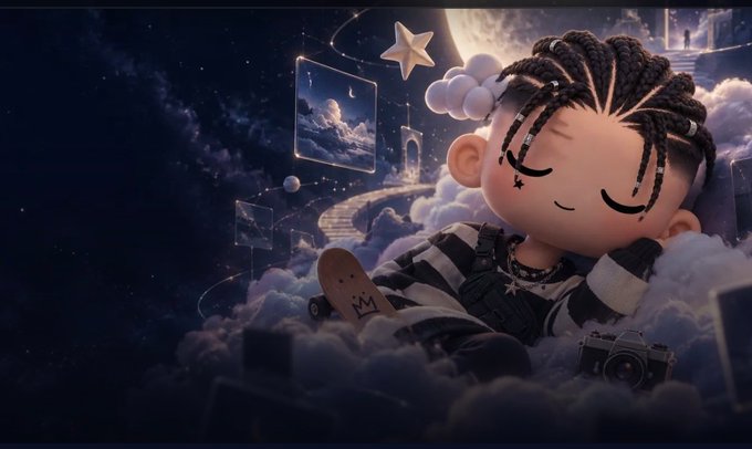 A stylized 3D animated character with braided hair sleeps peacefully among clouds in a dreamy night sky filled with stars and floating picture frames.