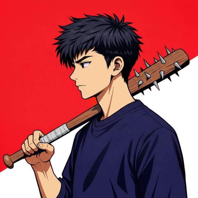 An anime-style illustration of a young man with black hair holding a spiked wooden club over his shoulder against a red and white background.