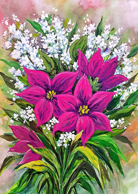 A vibrant watercolor painting of a floral arrangement featuring bright magenta lilies and clusters of small white flowers.