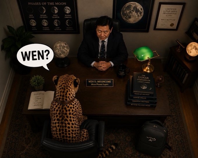 The image features a man sitting at his desk, accompanied by a leopard cat that appears to be acting as his assistant or office companion. The cat is seated on the chair next to the man's desk, while the man has his hands clasped together in front of him. There are several books and papers scattered around the scene, suggesting an environment where work is being done.

The image also includes a speech bubble that reads "WEN? WEN?". This could be interpreted as a question or statement related to the content of the image. The overall atmosphere seems to be one of collaboration between the man and his cat in their workspace.