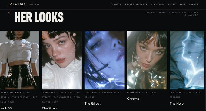 A dark-themed webpage titled "HER LOOKS" (03) on claudia.gallery displays a gallery of five portraits under the navigation of Claudia, featuring characters named Escape Velocity's Catwalk Look 00 and Clodyssey's The Siren, The Ghost, Chrome, and The Holo. The page's caption notes "The head never changes - The clothes always do," tying into the tweet announcing that @anabology has added $CLAUDIA's contract address and meme-related accounts to the website.