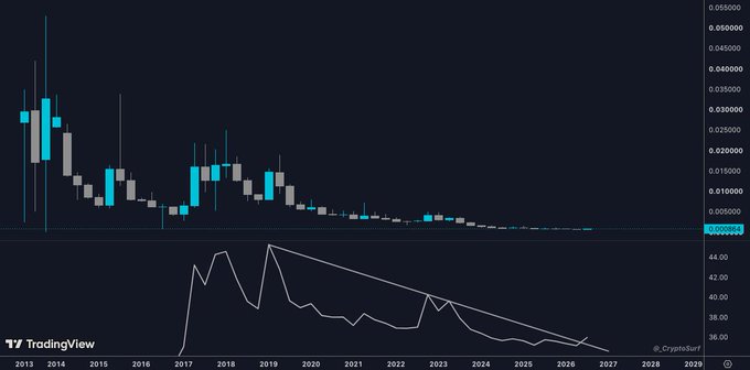 A TradingView chart displays Litecoin's ($LTC) long-term monthly price action from 2013 to 2029, showing a massive early peak around 2014 followed by a prolonged downtrend, with the price currently hovering near 0.005000. The RSI indicator below confirms extended bearish momentum, aligning with the post's message that a wave pattern is building while most traders remain on the sidelines.