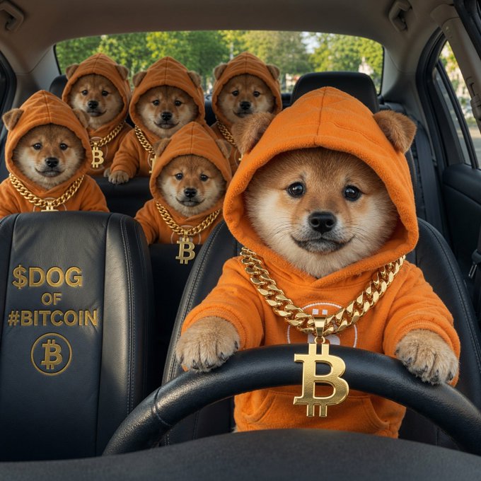 The image features a group of dogs wearing orange hoodies with gold chains around their necks, sitting inside a car. The dogs are all smiling at the camera, giving off an impression that they might be part of a canine band or a special event involving dogs. The caption for the image reads "ᴳᴹ peeps! ᴳᴹ $PIZZA @pizzaninjas #bitcoin army! To go fast, go alone. To go far, go together." This message seems to be related to the post about Bitcoin and could possibly be a reference to the dogs' unique appearance or an event involving them.