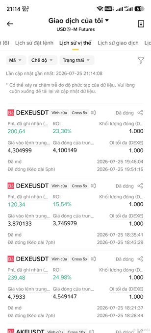 A mobile screenshot of a Vietnamese trading app ('Giao dịch của tôi') showing several open positions for the USDⓈ-M Futures pair DEXEUSDT, including entry prices and ROI percentages.