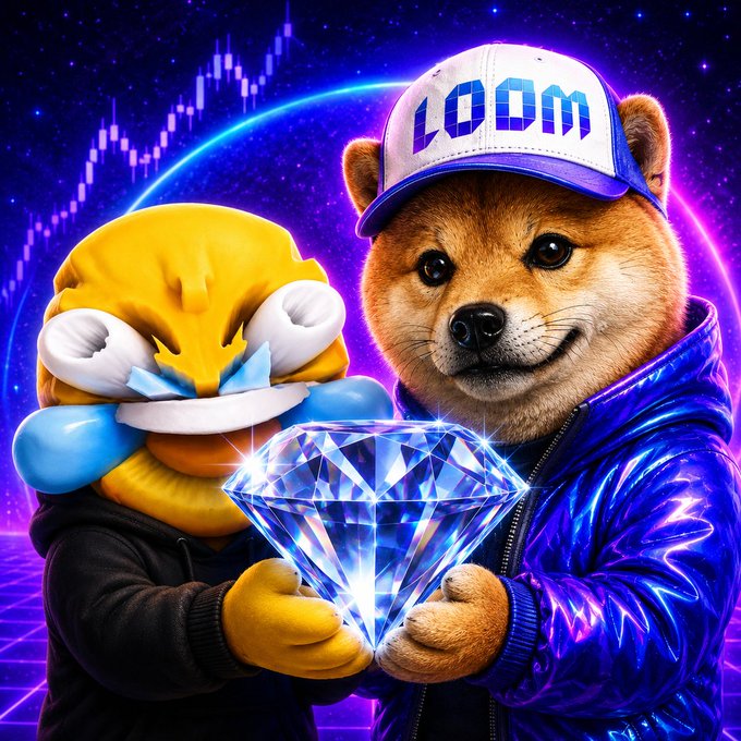 A digital illustration featuring a Shiba Inu dog wearing a blue jacket and a cap labeled "LOOM", standing alongside a yellow anthropomorphic duck character, both holding a large glowing blue diamond against a purple cosmic background with stock chart visuals.