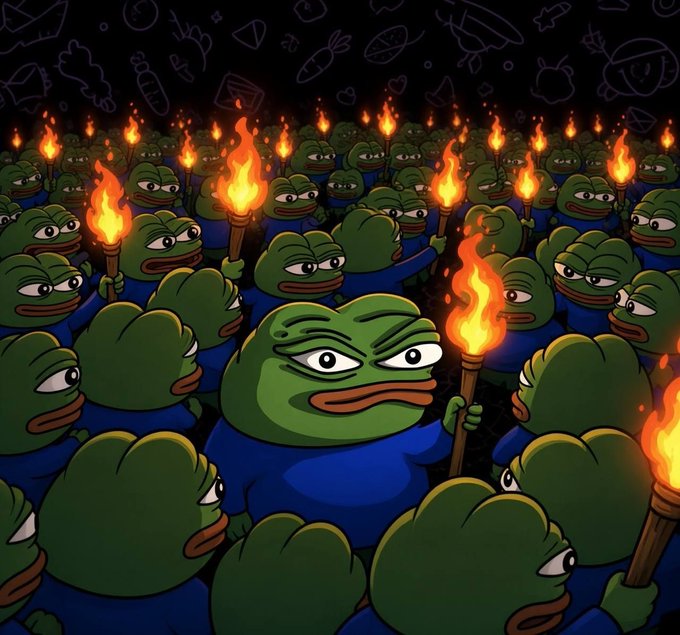 A crowd of angry Pepe the Frog characters holding flaming torches in the dark, with faint doodle illustrations in the background.