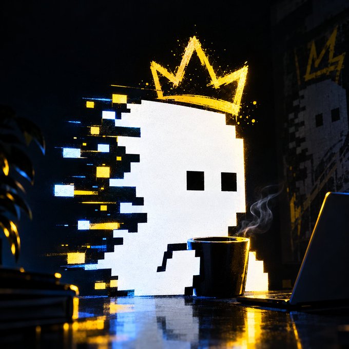 A pixelated digital art illustration featuring a white square character wearing a glowing golden crown, sitting at a desk with a coffee mug and laptop in a dark atmospheric setting.