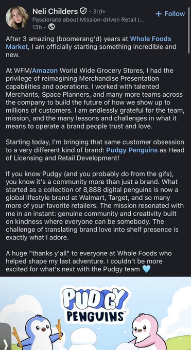 A LinkedIn post by Neli Childers announces her departure from Whole Foods Market to join Pudgy Penguins as Head of Licensing and Retail Development.