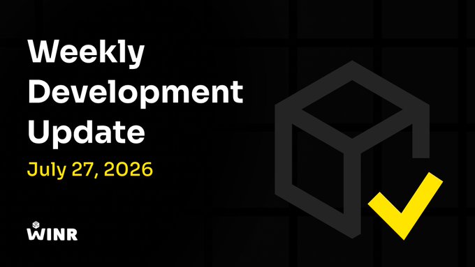 Title slide for a 'Weekly Development Update' dated July 27, 2026, featuring the WINR logo and a geometric cube graphic with a yellow checkmark.