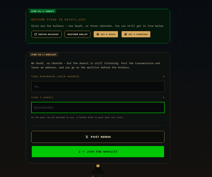 A dark-themed web interface shows a two-step form titled "STEP 01 // VERIFY" with "NOTHING FOUND IN 0X1AF2...1C67" and buttons for "SWITCH ACCOUNT", "ANOTHER WALLET", "GET 3 $RUDI", and "GET 3 $CHEETAH". Step 02 asks for a Robinhood Chain address and X handle to join a waitlist, with "POST AGAIN" and "JOIN THE WAITLIST" buttons.