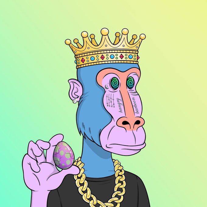 A stylized cartoon of a crowned blue ape wearing a gold chain holds a purple and green egg, with tattooed text reading "hangry" and "barboon" on its face—representing the HangryBarboons NFT collection referenced in the post celebrating the project's lasting value past its 4-year mint anniversary.