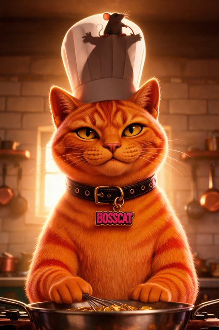 A digital illustration of an orange tabby cat wearing a white chef's hat with a rat on top, featuring a collar tag labeled 'BOSSCAT', sitting in a kitchen and holding a whisk over a pan.