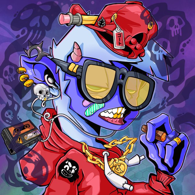 A colorful digital illustration of a stylized blue cat-like character wearing sunglasses, gold chains, and a red hoodie, smoking a cigar with various streetwear accessories.