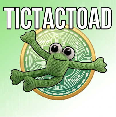 A cartoon logo features a green knitted frog character with big eyes spread-eagled over a gold coin with a circuit board design, with the text 'TICTACTOAD' in bold white letters above.