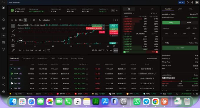A trading dashboard displays a portfolio featuring positions on $SOL, $PEPE, $TAO, $ZRO, and $JTO, with an account value of $10,093.38 and a profit of $93.39, reflecting the bullish market conditions and recent long positions opened across these tickers.
