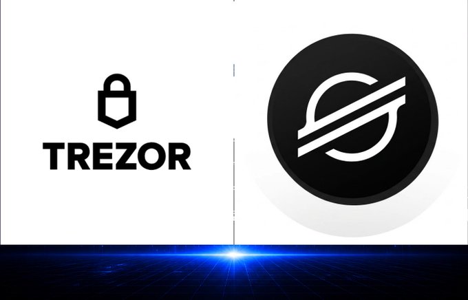 A comparison graphic displaying the logos of Trezor and Stellar (XLM) side by side on a white background with a blue glow at the bottom.
