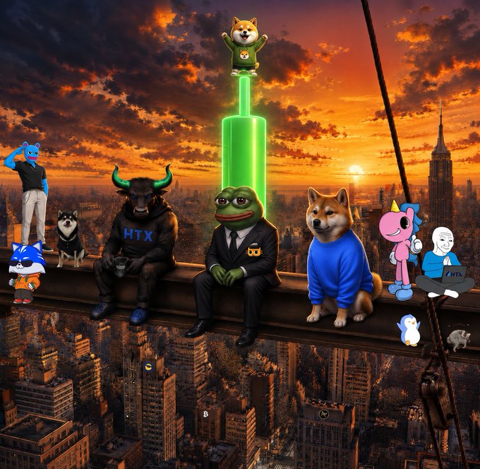 A digital illustration parodying the famous "Lunch atop a Skyscraper" photo, featuring various internet meme characters (Doges, Pepe, a blue cat, a black dog) in suits sitting on a beam above a city at sunset, with one Shiba standing on a green pillar and "HTX" branding visible.