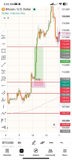 The image shows a TradingView 4-hour candlestick chart of Bitcoin/U.S. Dollar (BTCUSD) priced at 79,980 with a +150 (+0.19%) change, displaying a notable Fair Value Gap (FVG) zone highlighted in pink around the 110,737–110,988 area where price pulled back to test the imbalance, illustrating the post's theme of liquidity magnets and fair value gap testing during Bitcoin's bullish rally.