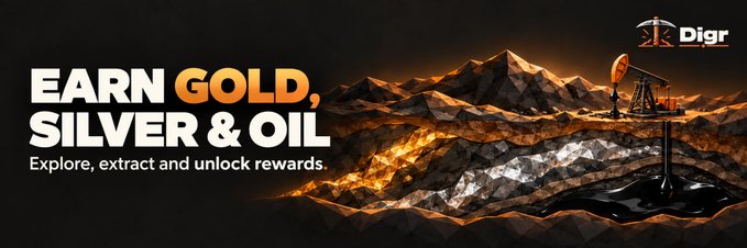 An advertisement for 'Digr' featuring the text 'EARN GOLD, SILVER & OIL - Explore, extract and unlock rewards,' with an illustration of a mining landscape and oil pump.
