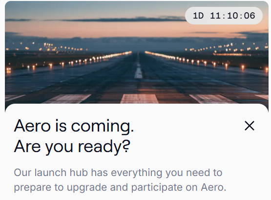 A countdown timer displaying "1D 11:10:06" appears over a runway at dusk, paired with the text "Aero is coming. Are you ready?" — visually building anticipation for Aerodrome's "biggest product launch," the multichain DEX "Aero," which is now just one day away from launch. The runway imagery symbolizes the upcoming "takeoff" of Aero across seven chains, reinforcing the excitement around the launch.