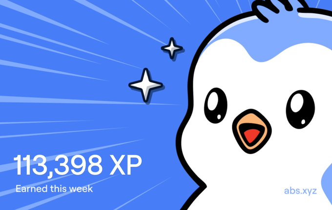 A Duolingo owl mascot graphic with the text "113,398 XP Earned this week" on a blue background with star sparkles and the watermark "abs.xyz".