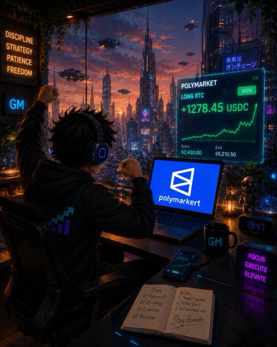 An anime-style character wearing headphones sits at a desk celebrating a winning bet on a laptop displaying the 'polymarket' logo and a 'POLYMARKET LONG BTC WIN' screen showing '+1278.45 USDC'.