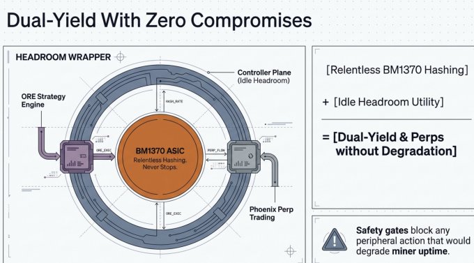 The image shows a detailed diagram of a mining rig that has been repurposed as a hardware device for mining BitAxe. The mining rig now functions as a @perps hardware device, which allows it to mine @ORE autonomously without the need for a human controller. Additionally, there is a description of how this mining rig operates within an ore-mining process and what happens when the @perps component encounters the @Goblin component inside the @solana OS operating system.