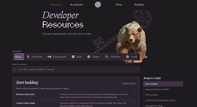 The screenshot displays the "Developer Resources" page on colosseum.com, featuring a search bar and ecosystem tabs for Solana, Ethereum, Hyperliquid, Base, Tempo, Arbitrum, and Zcash, alongside a bear mascot illustration. The page directly aligns with the announcement by offering a centralized hub where Crypto World's Fair builders can access documentation, tutorials, and tools to integrate with the supported blockchains listed.