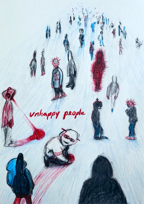 An artistic illustration showing stylized figures labeled 'unhappy people,' including one figure with a red aura and another holding a leaking red container, conveying themes of emotional pain.