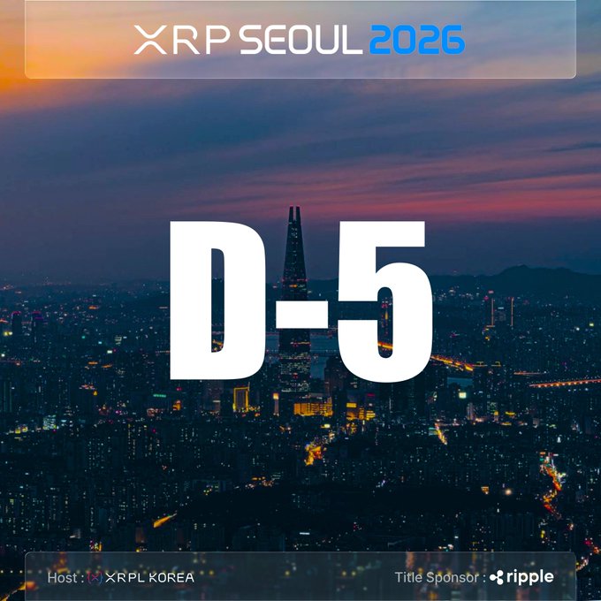A promotional graphic for 'XRP SEOUL 2026' displays 'D-5' over a nighttime cityscape, with 'Host: XRPL KOREA' and 'Title Sponsor: ripple' at the bottom.
