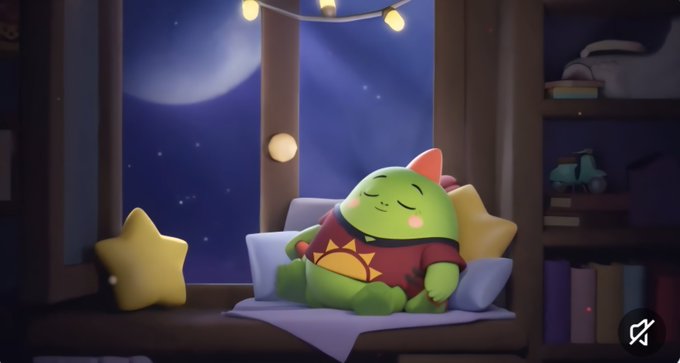 A cute green animated cat-like character wearing a red sweater sits sleeping on a pillow by a window with star-shaped cushions in a cozy bedroom setting.