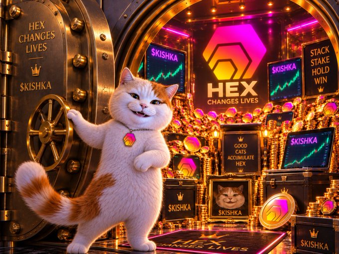 A digital illustration of an orange and white cat standing on its hind legs in a gold-themed vault filled with '$KISHKA' cryptocurrency coins, hexagonal 'HEX' logos, and screens displaying financial charts with text like 'HEX CHANGES LIVES' and 'STACK STAKE HOLD WIN'.