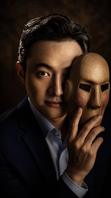 The image features a man wearing a suit and holding a wooden mask over his face. The man appears to be posing for a photo or portrait with the mask covering his eyes. The background of the image is dark, which contrasts with the light on the man's face. The caption below the image reads "I honestly can’t hide my excitement and admiration for what Mr. Justin Sun ( @justinsuntron ) and @trondao are accomplishing! With each passing day, Justin Sun’s vision of a more open, efficient, and inclusive financial system becomes increasingly clear", which suggests that the man is impressed by the ideas or actions of the person behind the mask.
