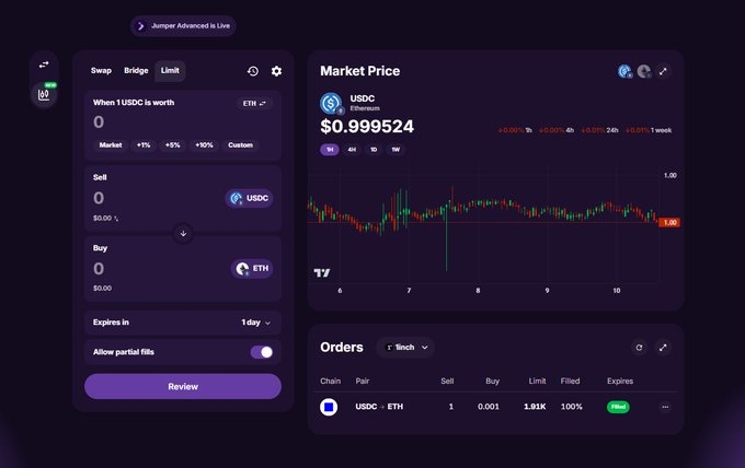 A screenshot of the Jupiter Advanced Limit order interface showing the USDC market price chart at $0.999524 and an active USDC-ETH sell order.